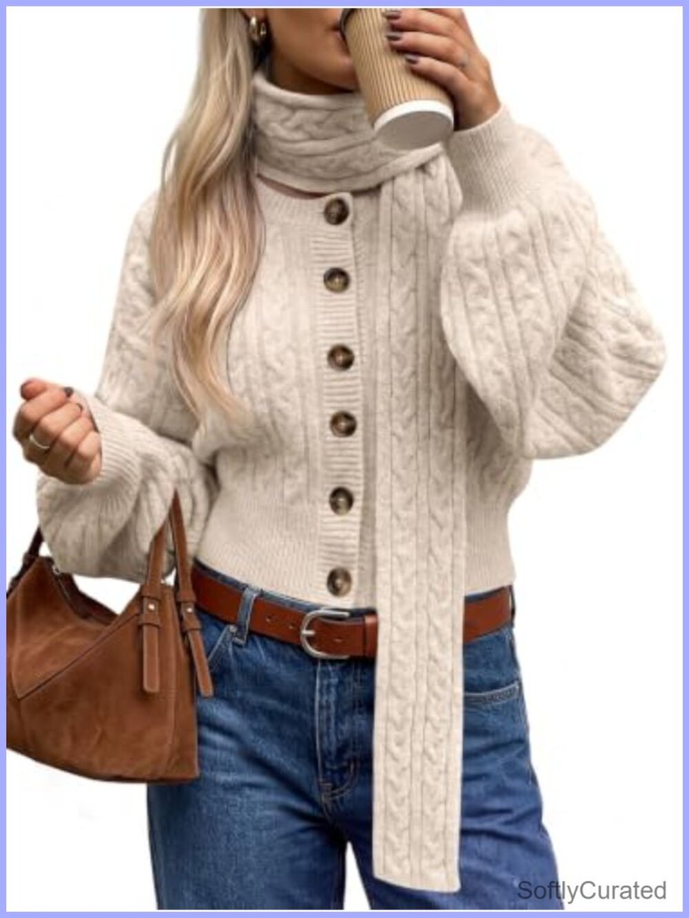 Cable Knit Button Up Cropped Cardigan Sweater with Scarf